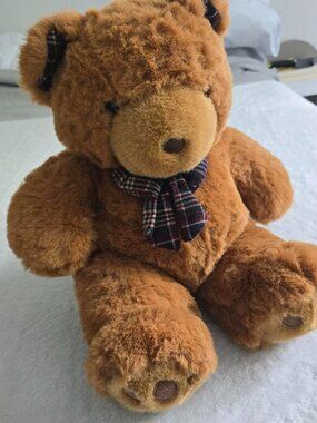 Brown teddy bear with plaid bow - 20" long